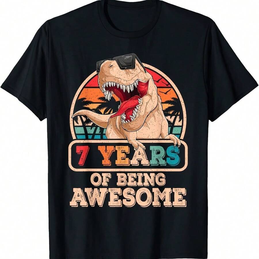 7 Years Awesome T Rex Dinosaur 7th Birthday Dino Bo T-Shirt - 綠色 - 查看 1