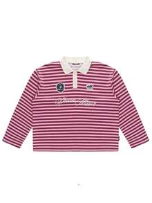 女士条纹数码印花长袖Polo衫，针织面料，宽松舒适休闲学院风春季款 - 紅色 - 查看 7