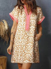 Acelitt Đầm ngắn trễ vai kiểu phương Tây in họa tiết sọc phối màu thời trang mùa hè, thanh lịch, thích hợp cho kỳ nghỉ. - Nhiều màu - Xem 4