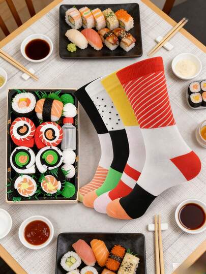 4 đôi tất nữ họa tiết sushi - Hộp quà tất cổ cao họa tiết đồ ăn ngộ nghĩnh, nhiều màu sắc, thích hợp làm quà tặng ngày lễ và sinh nhật, họa tiết đồ ăn sáng tạo, thoải mái và đa năng, phù hợp cho sinh nhật, Ngày Valentine, Lễ Phục sinh, Ramadan, hẹn hò, họp mặt gia đình, tiệc tùng, phong cách thời trang thường ngày độc đáo.
