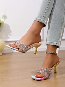 Giày sandal cao gót nữ, thiết kế đính sequin nhiều màu sắc, mũi vuông, gót thấp, sandal vàng, thanh lịch và thời trang, sandal công chúa mùa hè đính đá lấp lánh, lý tưởng cho các dịp trang trọng như đám cưới, tiệc tùng, hẹn hò. Thiết kế xỏ chân tiện lợi, giày cao gót và dép cao gót đính pha lê nhiều màu sắc, hoàn hảo cho những buổi khiêu vũ cuối tuần. - Nhiều màu - Xem 7