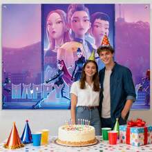 Toile de fond pour fête d'anniversaire sur le thème de HUNTRX K-Pop, avec impressions de personnages (design de groupe et individuel), grand rideau de fond photo, décoration de style K-Pop pour célébration, convient pour anniversaire, Nouvel An, Saint-Valentin, Thanksgiving et fête de fans de K-Pop - Multicolore - Voir 4