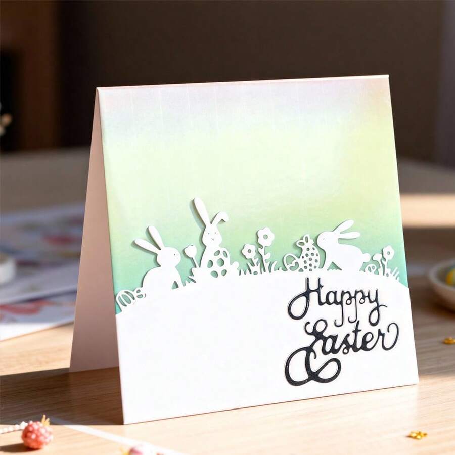 创意复活节兔子金属切割模具，DIY剪贴簿相册和压花模板，贺卡制作工具，卡片纸切割工艺品，礼品卡制作模板模切。 - 銀色 - 查看 1