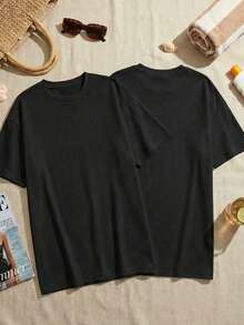 2 chiếc áo thun nữ màu đen trơn dáng rộng, vai rớt, thích hợp mặc đi nghỉ hè và đi làm. - 2 miếng màu đen - Xem 2