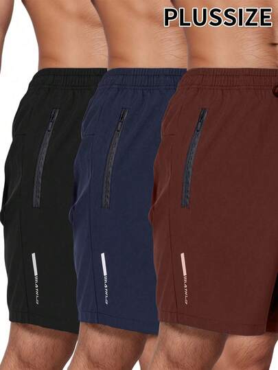 3pcs Plus Size Men's Quick Dry Sports Shorts, Geometric Print Fitness Workout Shorts