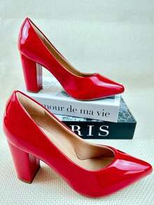 Women's Patent Leather High Block Heel Pump (9.5 Cm) Elegant And Comfortable Winter 2026 Black, Red, Nude, Pink, Blue, , Pink - 紅色 - 查看 3
