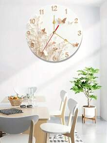 简约花卉蝴蝶挂钟 - 静音无滴答现代圆形木质电池供电挂钟（不含电池），米色表盘，红金指针 - 优雅家居装饰，适用于客厅、卧室 - 生日、乔迁、结婚礼物佳选 - 粉彩装饰钟，时尚挂钟，卧室挂钟，钟表墙饰，可爱挂钟，复古无滴答挂钟，材质耐用，做工精良，2D平面