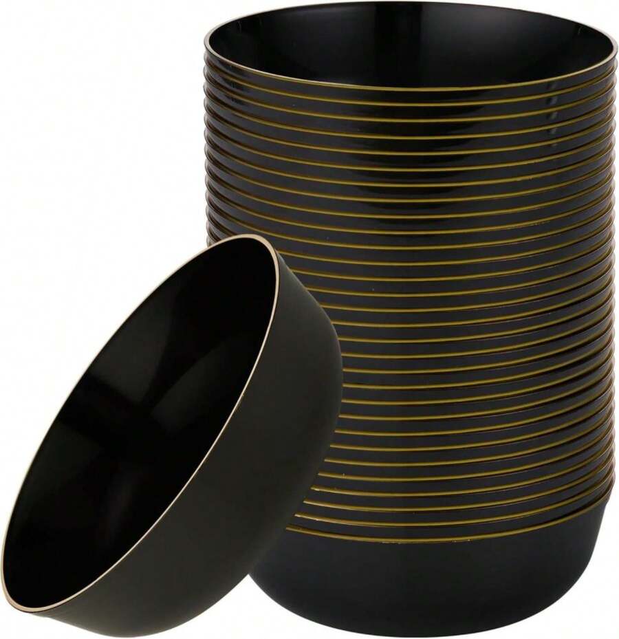 [30 Pack 16 OZ Bowls] Edge Collection Black With Gold Rim Plastic Party Soup Bowls Premium Heavyweight Elegant Disposable Tableware Dishes - ColorC - View 1