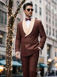 Men's Suit Shawl Lapel Double-Breasted Blazer & Pant Set - Formal 2-Piece Tuxedo With Wafer Knit Texture For Weddings & Black Tie Events - Cà phê nâu - Xem 9