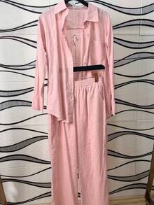 Linen Shirt And Pants Set (2 Pieces), Lined With Elastic. - Rosa - Ver 1