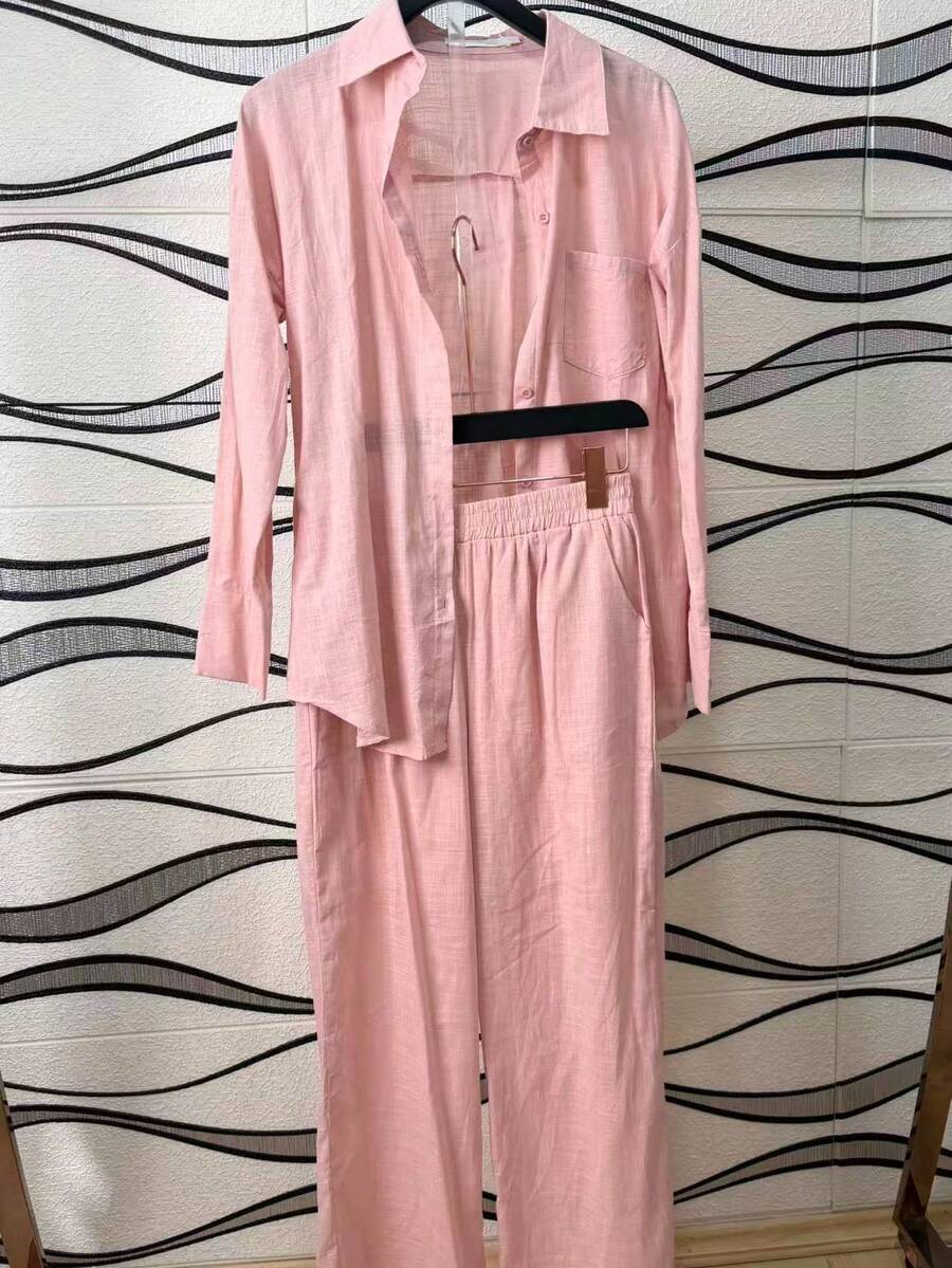 Linen Shirt And Pants Set (2 Pieces), Lined With Elastic. - Rosa - Ver 1