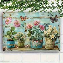 2D Flat, Vintage Floral Metal Wall Decor - Rustic Farmhouse Botanical Garden Art With Pink, White, Blue, Turquoise Pots & Butterflies - Large 12x8 Inch Indoor/Outdoor Decoration For Home, Cafe, Office - No Wiring Needed, Easy Hanging Installation, Cafe Decoration, Whimsical Design, Artistic Metalwork, Interior Designers, 2D Flat - Metal Spray Paint - View 1