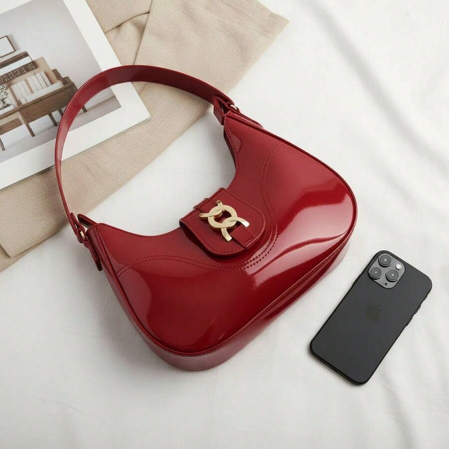 Santorini handbag Women's Medium Baguette Shoulder Bag, Stylish And Casual - 紅色清漆 - 查看 1