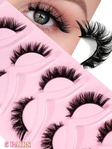 5对猫眼卡通假睫毛，仿貂毛假睫毛，加长双层睫毛，3D自然纤长假睫毛，外眼角加长设计，打造逼真凌乱的妆效，夏季旅行必备，海滩度假，露营旅行，方便携带 - 黑色 - 查看 12