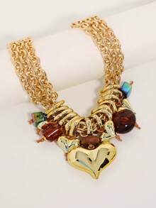 奢华金属链心形吊坠项链，纹理石装饰简约颈链，复古时尚个性化项链 - 金屬鏈愛心墜 - 查看 5