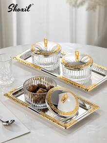 shoxil 1pc Striped Glass Bowl With Gold-Tone Lid, Suitable For Nuts, Yogurt, Ice Cream, Jewelry Storage, Tray, Decor, Serving, Applicable For Home, Restaurant, Gathering, Ramadan And Other Occasions - Bowl - View 4