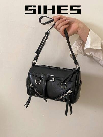 1个纯色PU皮革女士双肩单肩斜挎包，时尚方形波士顿包，拉链封口，可调节肩带，适合女孩、女士、大学生、年轻职业人士、办公室、学校、工作、商务、通勤、户外、旅行、购物等场合。