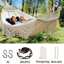Nouveau style bohème Hamac suspendu pour 2 personnes avec glands, tiges en bois incurvées anti-basculement, complet avec sac en tissu et sangles, convient pour le patio extérieur, le jardin, le camping, l'équipement essentiel pour l'extérieur - Multicolore - Voir 2