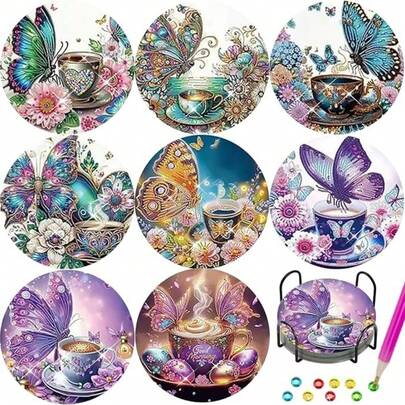 8Pcs Magical Hummingbird 5D DIY Diamond Painting Coasters Set With Holder, Sparkling Rhinestone Art Craft Cup Mats For Home Decor & Nature Lover Gifts