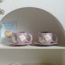 釉下彩陶瓷手绘咖啡杯碟套装，高品质可爱拉花马克杯碟套装 - 彩色 - 查看 12