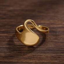 COINBUFF 1pc Minimalist Wavy Line Stainless Steel Plated Gold Adjustable Non-Fading Ring, Suitable For Daily Wear And Holiday Gifts - As Shown - View 1
