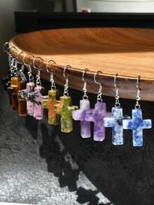 Natural Stone Cross Earrings, Vintage Personalized Design Turquoise & Amethyst & Rhodochrosite Pendant Earrings - Multicolor - View 2