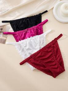 4件套女士内衣，轻盈性感，时尚舒适，无缝设计，饰有蝴蝶结和法式蕾丝。 - 彩色 - 查看 3