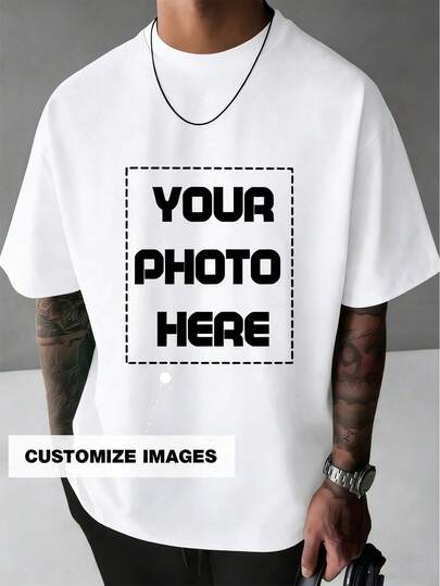 Personalized Custom Men's T-Shirt, Custom Graphic Design, Upload Your Photo/Couple Photo/Loved Ones/Pet/Best Friend, Birthday/Anniversary/Father's Day/Valentine's Day/Holiday Custom Photo, Black Tee Shirt For Men In Spring/Summer, Men's Casual Round Neck Short Sleeve T-Shirt, Holiday Gift