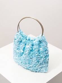 Sequin Clutch Bag With Metal Ring Decor, Elegant Evening Party Purse, Wedding Accessories, Gift For Women, Valentine's Day (Random Pattern) - Blue - View 6