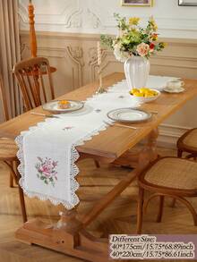Taplak Meja Polos dari Poliester Linen dengan Bordir Bunga Mawar Merah Muda, Pinggiran Renda Rajutan Bergelombang Berbentuk Kipas Empat Sisi, Dekorasi Botani Vintage untuk Meja Makan, Meja Teh, Pernikahan, Rumah Pertanian, Dapur - MultiWarna - View 3