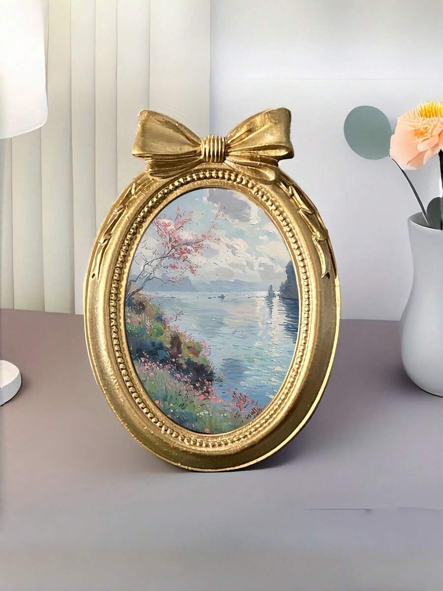 優雅樹脂相框,壓花細節,金色拋光,單張照片展示,直式方向,桌面立架,獨特蝴蝶結設計,單槽,長方形形狀-居家與辦公室裝飾的完美禮物! - 彩色 - 查看 1