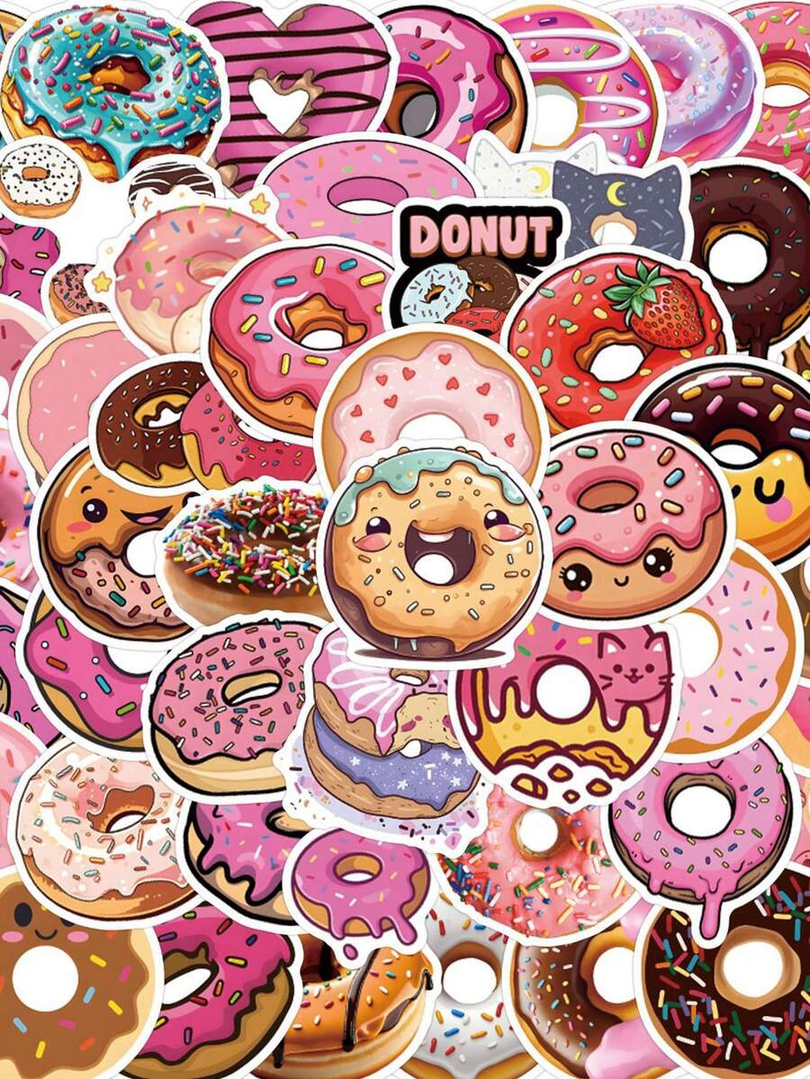 55张甜甜圈卡通食物贴纸 粉色涂鸦贴纸 可爱粉色食物贴纸 卡通贴纸 美观贴纸 可用于水瓶、保温瓶、吉他、行李箱、手机、手机壳、笔记本电脑、滑板、礼品 - 彩色 - 查看 1