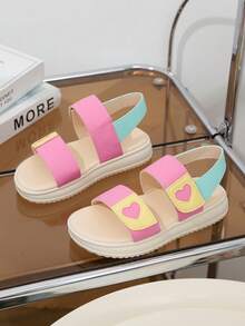 1 Pair Girls' Summer Flat Sandals, Heart Stitching Design, Colorblock, Hook And Loop Closure, Round Toe Slip-On Flats, Suitable For Beach, Vacation, Daily Wear - Multicolor - View 5