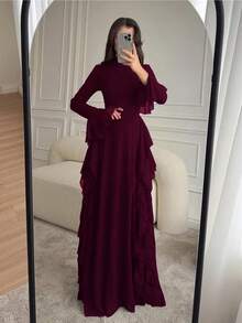 ii Women's Elegant Flare Sleeve Ruffle Hem Design Dress Spring - Burgundy - View 2