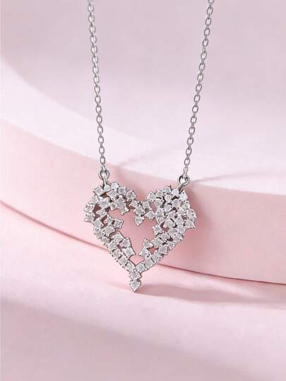 1pc Women'S Elegant Heart Hollow Pendant Necklace,With Micro-Inlaid Synthetic Zirconia,Shiny Golden-Tone Chain,Dainty Everyday & Special Occasion Jewelry Gift For Women,Year-Round Versatile Necklace For Birthdays,Anniversaries(No Box)