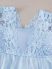 0-2岁女婴蓝色蕾丝蝴蝶结连衣裙，可作洗礼服、生日派对礼服、婚礼花童服 - 藍色 - 查看 4