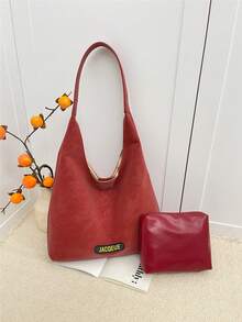 2025 Fashion Matte Solid Color Punk Rivet Commuter Tote Bag, Minimalist Niche Underarm Bag, Stylish Large Capacity Shoulder Bag - Red - View 1