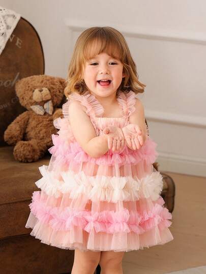 小女孩细肩带薄纱泡泡袖连衣裙，优雅公主派对连衣裙，适合女孩参加生日派对、花童、婚礼、舞会、节日庆典
