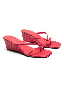 Athlefit Women's Dressy Summer Wedge Sandals Slip On Casual Strappy Thong Slides Cute Square Open Toe Flip Flop Heels - 紅色 - 查看 6