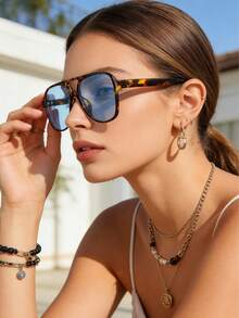 1pc Unisex Double Bridge Minimalist High-Quality Glasses, Suitable For Travel, Vacation, Casual, Party And Daily Wear - Leopard Frame Blue Piece - View 3