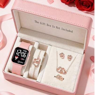 6件套极简主义LED方形数字手表及玫瑰心形手链项链耳环戒指首饰套装，适合日常、派对、校园佩戴、情人节礼物