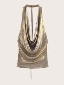Solid Color Backless Halter Draped Sleeveless Top, Summer Vacation - Gold - View 1