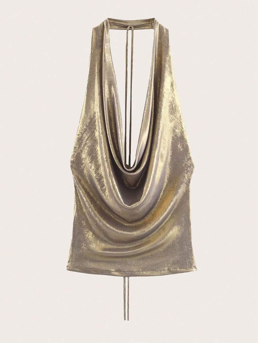 Solid Color Backless Halter Draped Sleeveless Top, Summer Vacation - Gold - View 1