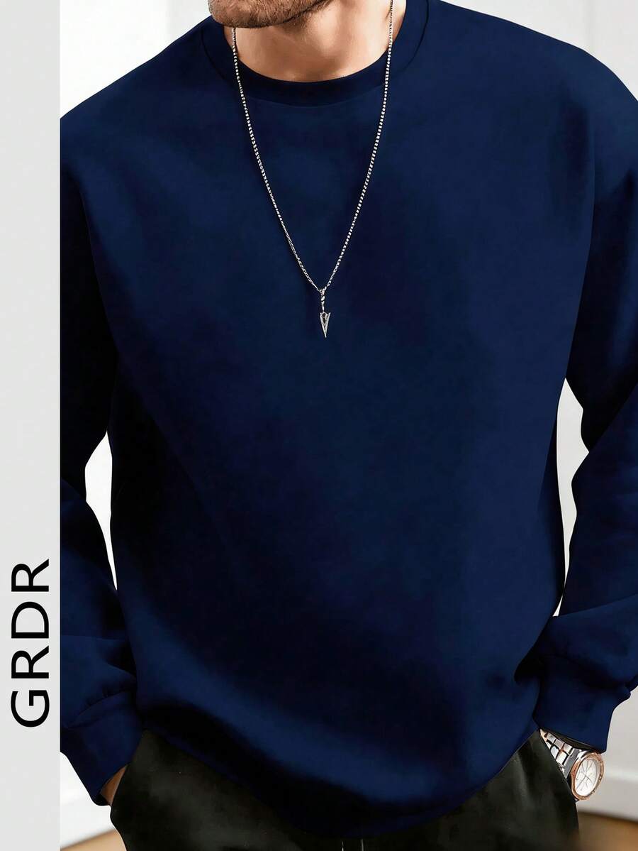 GRDR Men's Casual Solid Color Pullover Crew Neck Sweatshirt - Navy Blue - View 1