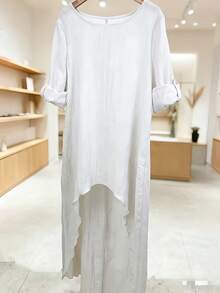 Women's Linen Irregular Long Top Round Neck Loose Shirt Vintage Front Short Back Long Elegant Spring Autumn Versatile Fashion Personality Blouse - trắng - Xem 2