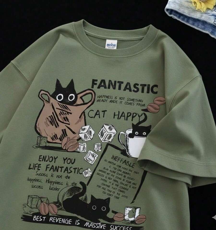 Women's Basic Cotton T-Shirt Cat Fantastic Happy Shirt 100% Cotton Premium Line - Verde militar - Ver 1