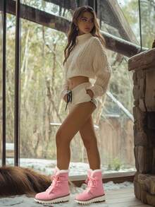 2026 New Mid-Calf Beige Women's Snow Boots, Round Toe Casual Lace-Up, Fleece Lined, Thick Fur, Warm, Versatile, Suede, Platform, Plus Size, Winter Short Boots, Lightweight, Non-Slip Valentine's Day Gift - 粉色 - 查看 6