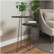 Set Of 2 Round Industrial Style Side Tables – Black Iron Legs And Brown Top | Living Room, Sofa And Bedroom - Negro - Ver 2
