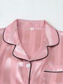 2pcs Satin Striped Pajama Set, Sweet Cute Lapel Button Long Sleeve Top And Pants, Women Sleepwear And Loungewear For Home Use - Pink - View 3