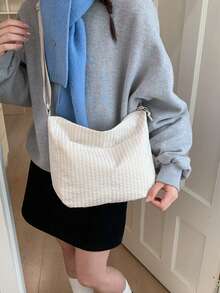 Korean & Japanese Style Plaid Print Fabric Women's Casual Versatile One Shoulder Bag, Front Double Pockets, Lightweight Foldable Zipper Closure Adjustable Long Strap, Suitable For Daily Use, School/College Students, Simple & Cute, Crossbody Bag For Shopping - Multicolor - View 3